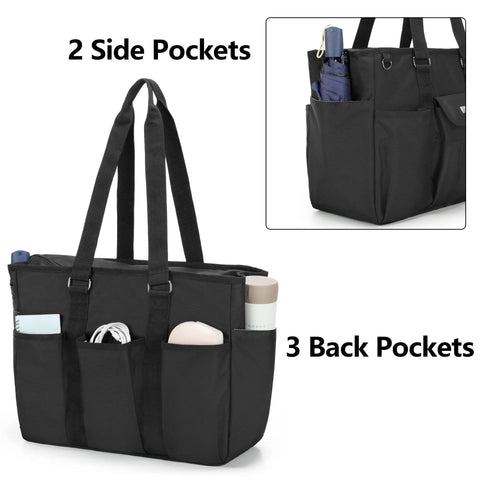 Black Boss Teacher Bag With Bottom Padded Pad And Foldable Cushion, large tote showing side and back pockets filled with items