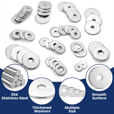 335 Piece 304 Stainless Steel Flat Washers Set With 12 Sizes M3 Through M12 For Screws And Bolts Ideal For Industrial Projects And Fender Washer Style Metal Washers Kit, assorted sizes