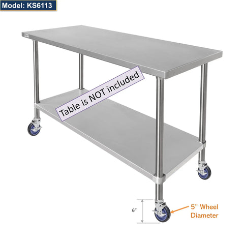 Heavy Duty 5 Inch Swivel Casters With Locking Brake, Expanding Stem Fits Worktables And Equipment Stands on stainless steel table.
