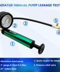 ZKTOOL aluminum radiator pressure tester with gauge and green hand pump; rubber hose and brass adapter.