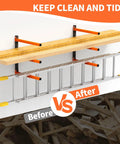 Heavy Duty Wall Mounted Lumber Storage Rack Three Level Four Pack For Garage Storage Holds Wood Pipes And Skis With 300 Lbs Capacity Organizer Bracket Black And Orange Garage Gear installed with wood and ladder organized