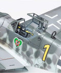 Detailed view of 1/72 Scale Messerschmitt Bf 109 G-6 Plastic Model Airplane Kit with open canopy and accurate interior.