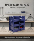 Double Sided PP Plastic Bin Storage Rack with Louvered Hooks in workshop, compact size 5.5x4.1x2.9 inches, blue color