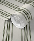 Grain Sack Stripe PVC Free Wallpaper Featuring Refined Linen Texture, rolled design showing green stripes on textured surface.