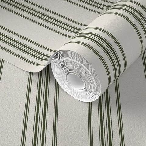 Grain Sack Stripe PVC Free Wallpaper Featuring Refined Linen Texture, rolled design showing green stripes on textured surface.
