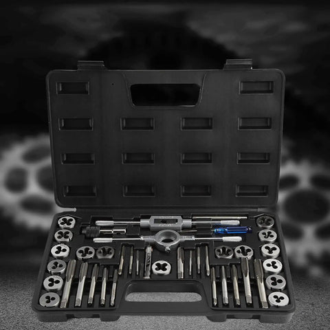 Heavy Duty 34-Piece Tap And Die Set With Pitch Gauge For Vehicle Repair Includes Heat Treated 45 Steel And Alloy Steel Thread Cutting Tools Kit Ranging From M3 To M1.75 Plus NPT Threads open case