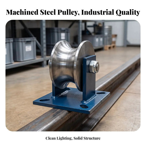 Machined Steel Pulley, Industrial Quality sits on metal rail, designed for heavy-duty applications, showcasing durability.