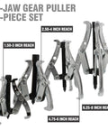 3 Jaw Gear Puller Tool Kit Built Tough, Heavy Duty Bearing And Pulley Puller Set with four adjustable pieces shown.