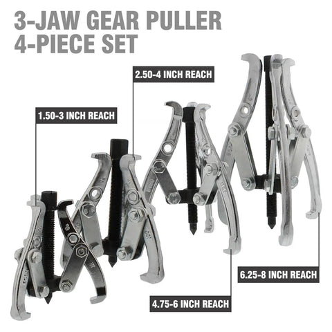 3 Jaw Gear Puller Tool Kit Built Tough, Heavy Duty Bearing And Pulley Puller Set with four adjustable pieces shown.