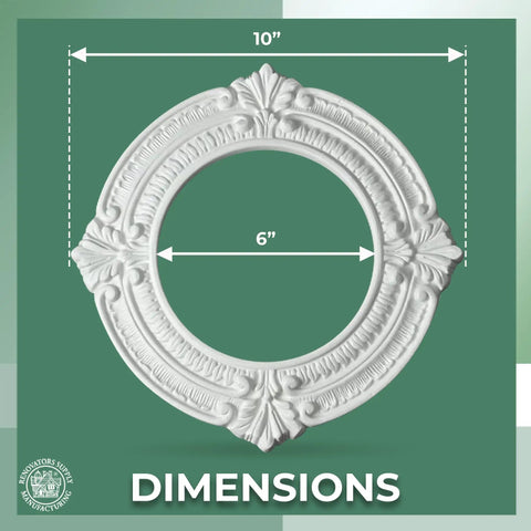 10 Inch White Polyurethane Ceiling Light Trim Medallion For Recessed Lighting dimensions showing 10-inch outer, 6-inch inner