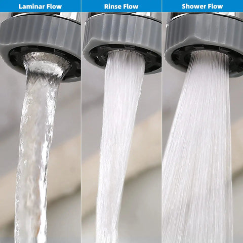 1440 Degree Rotating Faucet Extender With 3 Water Modes Robotic Arm Chrome Faucet Aerator showing laminar, rinse, and shower flows