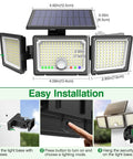 Solar Outdoor Lights Motion Sensor, 2500LM 286 LED Security Flood Lights with Visual Battery & Mode Display, 3 Lighting Modes, IP65 Waterproof 3-Head Wide Angle for Garage, Yard, Patio (3 Pack) with detailed dimensions and installation guide.