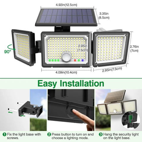 Solar Outdoor Lights Motion Sensor, 2500LM 286 LED Security Flood Lights with Visual Battery & Mode Display, 3 Lighting Modes, IP65 Waterproof 3-Head Wide Angle for Garage, Yard, Patio (3 Pack) with detailed dimensions and installation guide.