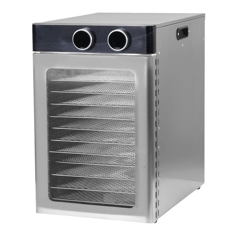 Real Deal Electric Food Dehydrator featuring twelve sturdy trays in a stainless steel finish, designed for easy food preservation.