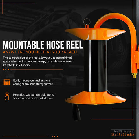 Retractable Hand Crank Air Hose Reel 3/8 Inch By 100 Feet, Built Tough Steel Frame, shown mounted with durable bolts, compact size.