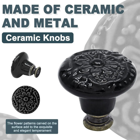 12 Pack Black Ceramic Kitchen Cabinet Knobs Set With 34mm Diameter And 30mm Height Includes Two Screw Sizes And Mini Screwdriver For Easy Install Sleek Durable Pull Handles For Cabinets And Drawers, black floral knob