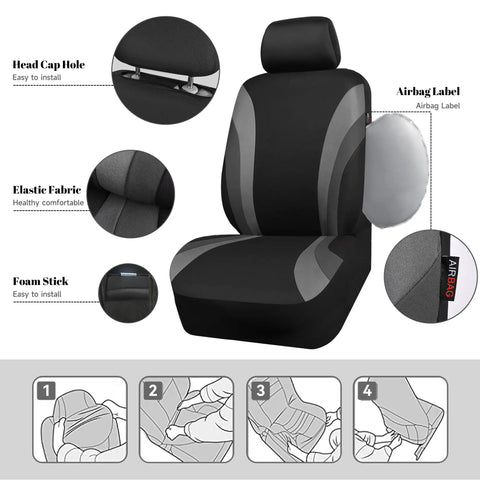 Sporty Front Seat Covers For Cars, SUVs, And Trucks, Universal Fit, Airbag Compatible, Black And Gray Two Front Seats Kit installation steps