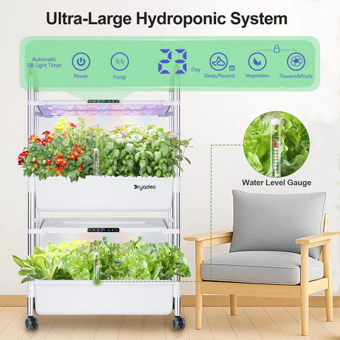 Movable Two Layer Indoor Hydroponic Garden System With 54 Pods And 30W LED Grow Light showcasing veggies on a kitchen counter.