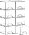 Eight Pack Clear Stackable Storage Drawers Hella Durable Water Resistant Desktop Organizer For Cosmetics And Craft Gear Helping You Keep Your Space Totally Snazzy, showing transparent acrylic drawers.