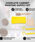 Complete Paint Brush And Roller Set For Furniture And Cabinet Painting Featuring Mini Foam Rollers Mixing Cups And Liners, kit with brush and foam rollers.