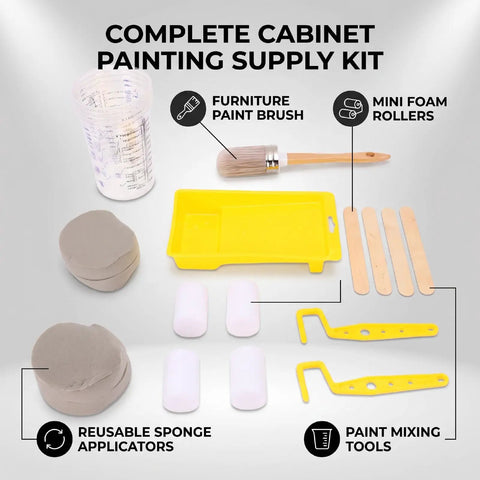 Complete Paint Brush And Roller Set For Furniture And Cabinet Painting Featuring Mini Foam Rollers Mixing Cups And Liners, kit with brush and foam rollers.