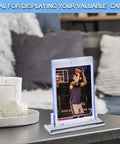 4 Pack Magnetic Card Holder Base For Trading Cards Display Stand Protector Case Base showing basketball card on table