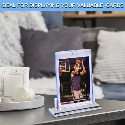 4 Pack Magnetic Card Holder Base For Trading Cards Display Stand Protector Case Base showing basketball card on table