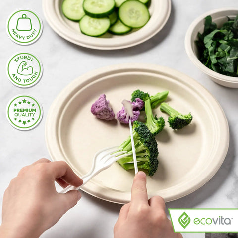 Hands cutting broccoli on 100 Percent Compostable 9 Inch Paper Plates For Parties, 150 Disposable Eco Friendly Tree Free Dinnerware.