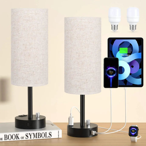 Set Of 2 Fully Dimmable Bedside Lamps With USB C Charging Port And Built In USB Ports And Outlets, Compact Nightstand Table Lamps