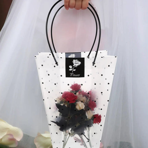 Flower Bouquet Wrap Bag With Handle For Easy Carry And Display, Plastic Rose Packaging Bag for floral arrangements and gift wrapping.