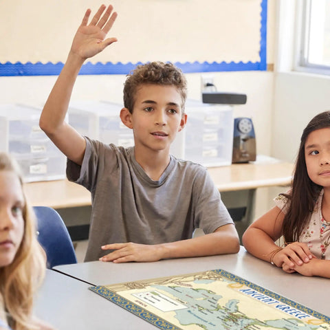 Six Poster Set Of Ancient Civilizations For Social Studies Classrooms on table with students, 12 by 18 inch, made in USA