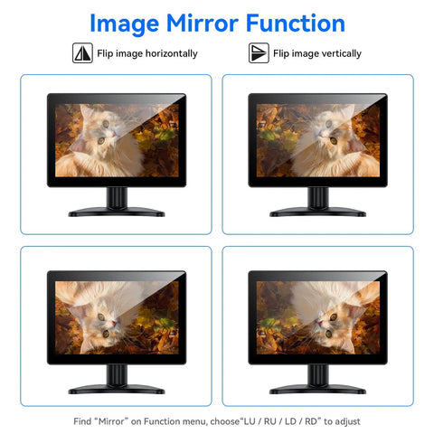 7 To 12 Inch CCTV Security Monitor Screen Black High Definition Display For Live Surveillance And Plug And Play Setup With Slick Viewing, image mirror function demo with flipped cat picture.
