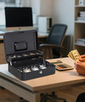 Large Cash Box With Money Tray And Lock For Cash Handling And Small Biz Hustle on desk in office setting, open showing compartments