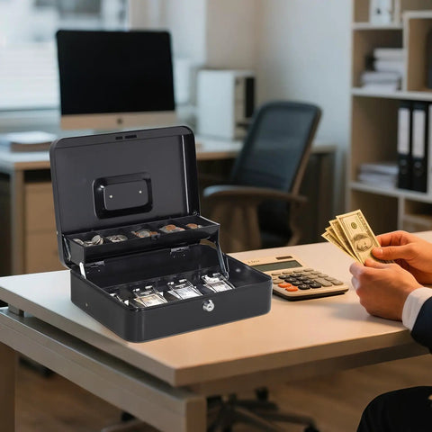 Large Cash Box With Money Tray And Lock For Cash Handling And Small Biz Hustle on desk in office setting, open showing compartments