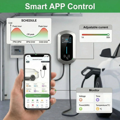 No Sweat Garage Upgrade Heavy Duty Level 2 Electric Charger crushing charge times with smart app control and adjustable current.