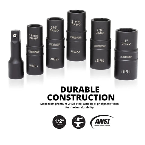 Six Piece Half Inch Drive Impact Socket Set For Any Job With Ten SAE And Metric Sizes, Thin Wall Lug Nut Sockets