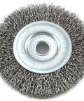 Heavy Duty Coarse Crimped Wire Wheel Brush With Half Inch Arbor And Four Inch Diameter, ideal for rust and paint removal.