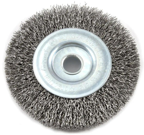 Heavy Duty Coarse Crimped Wire Wheel Brush With Half Inch Arbor And Four Inch Diameter, ideal for rust and paint removal.
