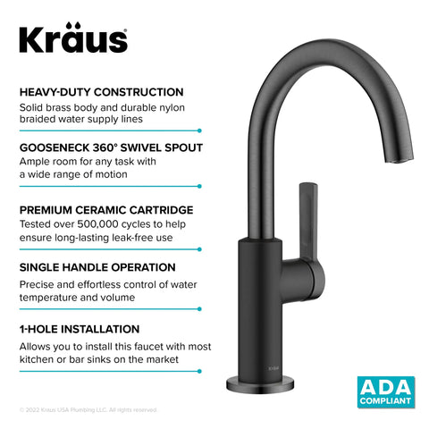 Oletto Single Handle Kitchen Bar Faucet In Matte Black And Spot Free Black Stainless Steel Finish For Kitchen Sinks Modern High Arc Spout Compact Design Perfect For Small Kitchens And Bar Areas with ADA compliance.