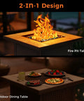 Propane Gas Fire Pit Table 32 Inch Square Outdoor Patio Brown With 50,000 BTU Stainless Steel Burner And Glass Stones for dining and fire.