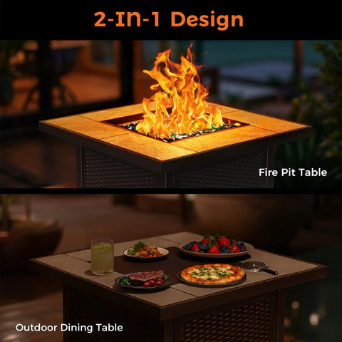 Propane Gas Fire Pit Table 32 Inch Square Outdoor Patio Brown With 50,000 BTU Stainless Steel Burner And Glass Stones for dining and fire.