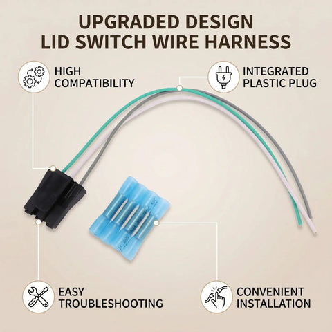 Aqxreight Washer Lid Switch Connector Wire Harness Kit For Agitator Washing Machines with four pin plug and heat shrink tubing.