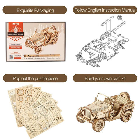 1:18 Scale Mechanical Car Puzzle Kit for Adults and Teens, 3D Wooden Model, No Glue Needed, Brain Teaser, Vehicle Building Craft, Eco Friendly Plywood, Dope Gift for Birthdays and Christmas, 1940s army jeep packaging and parts