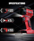 Go-To Air Duster With 380W Brushless Motor, 100,000 RPM, red and black design, nozzle, LED light, and switch trigger visible.