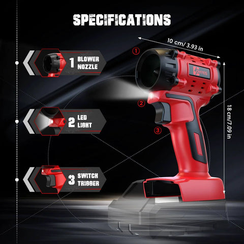 Go-To Air Duster With 380W Brushless Motor, 100,000 RPM, red and black design, nozzle, LED light, and switch trigger visible.