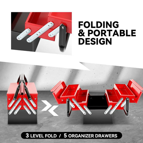 18 Inch Metal Tool Box With 3 Layer Folding Cantilever Tray System, 5 Drawers, heavy duty tool organizer showcasing folding design