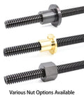 Heavy Duty Tr45 Trapezoidal Lead Screw 45mm Diameter 8mm Pitch 2000mm Length With Rock Solid Acme Nut, various nuts shown.