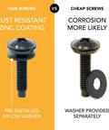 Comparison of 12-24 Rack Screws 50 Pack With Nylon Washers For 2 Post Rack Mounting with pre-installed washer vs separate washer
