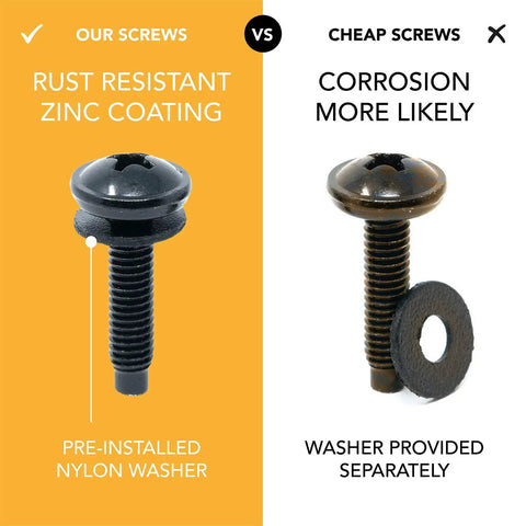 Comparison of 12-24 Rack Screws 50 Pack With Nylon Washers For 2 Post Rack Mounting with pre-installed washer vs separate washer