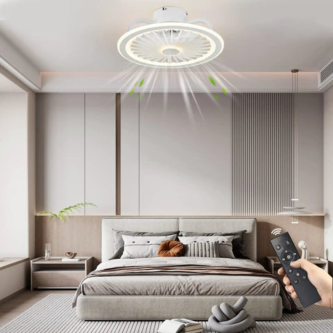 Low Profile Flush Mount Ceiling Fan With Lights And Remote Control, 18 Inch Modern Enclosed Indoor Fan in bedroom setting